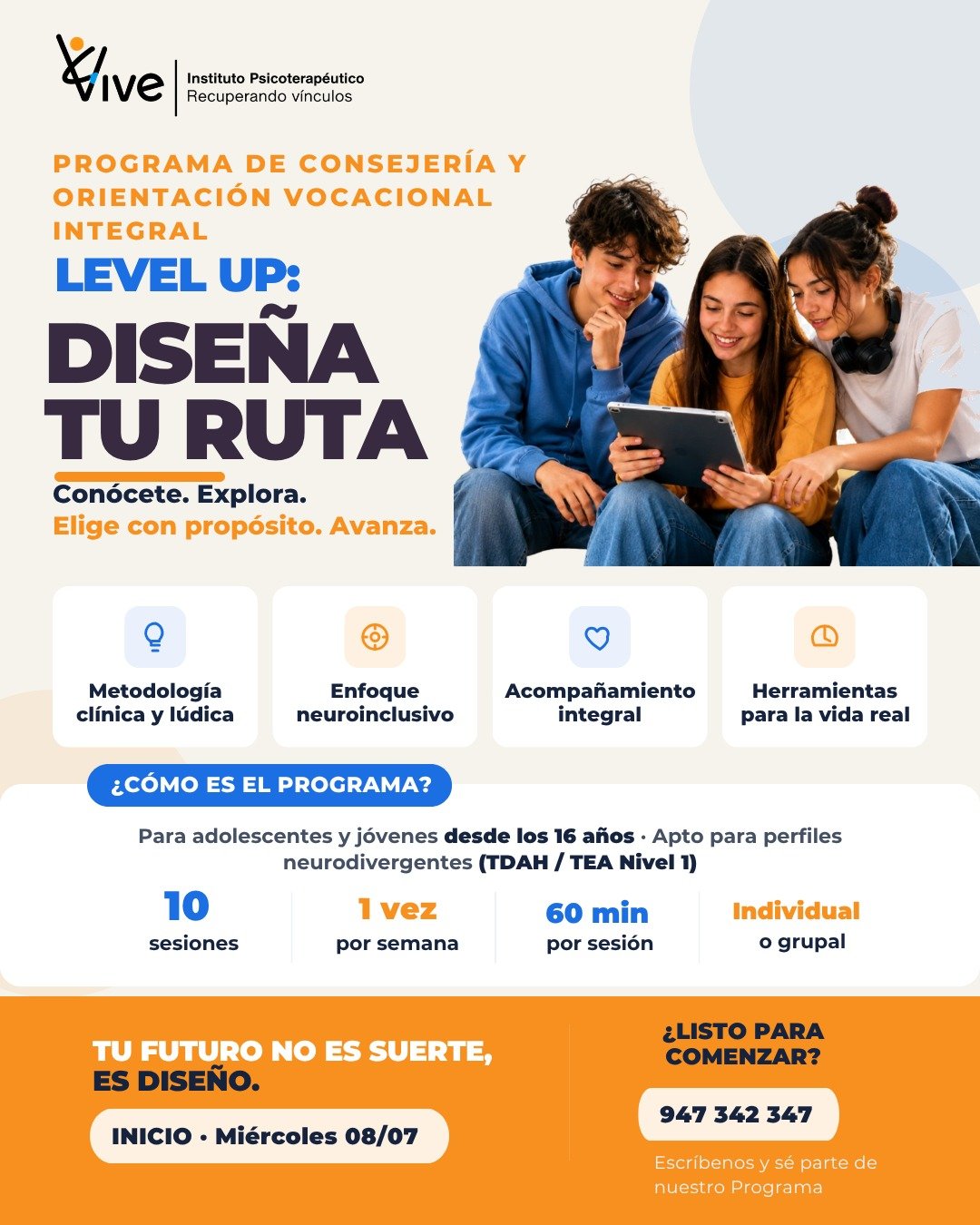 Level Up · Diseña tu ruta, Programa de Consejería y Orientación Vocacional Integral